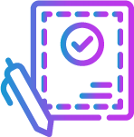 A gradient purple and blue line drawing shows a document with a checkmark and a pen next to it, symbolizing approval or signing of a form—perfect for illustrating STIG Scanner compliance checks.