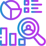 Gradient icons of a pie chart, bar graph, checklist, and magnifying glass over a person, representing data analysis and research aligned with NIST Cybersecurity standards.